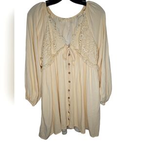 Listicle Boho Cottage Core Puff Sleeve Lace Button Down Blouse Mini Dress Size M